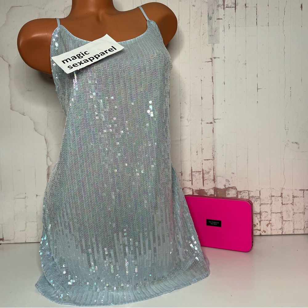 VS XL XXL SEQUIN MINI SLIP DRESS SHIMMER SHINE LINGERIE LOW BACK BLUE